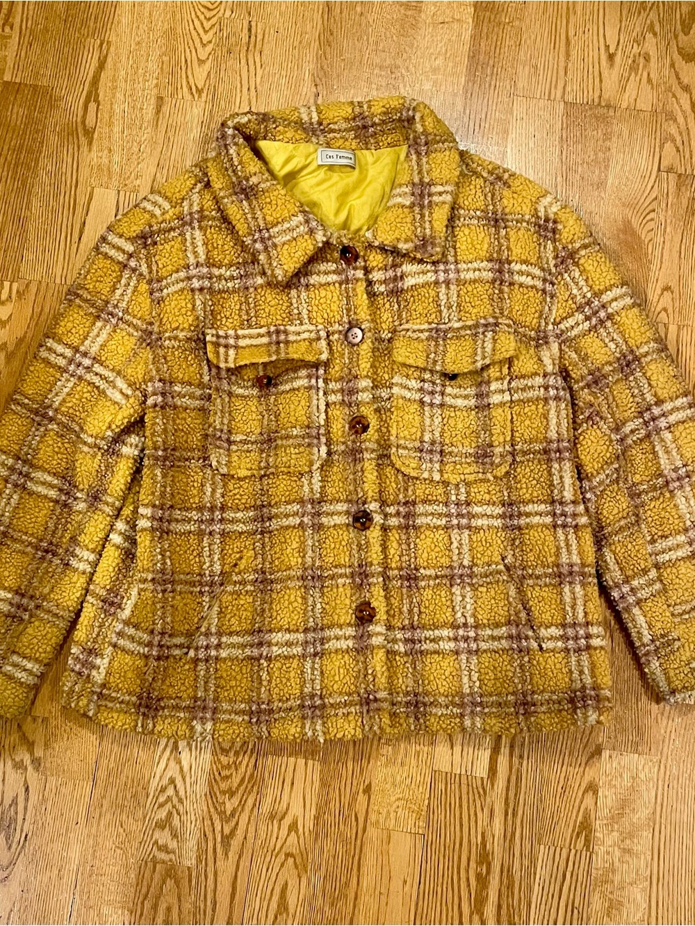 Yellow Plaid Fleece Button-Front Jacket, sz L